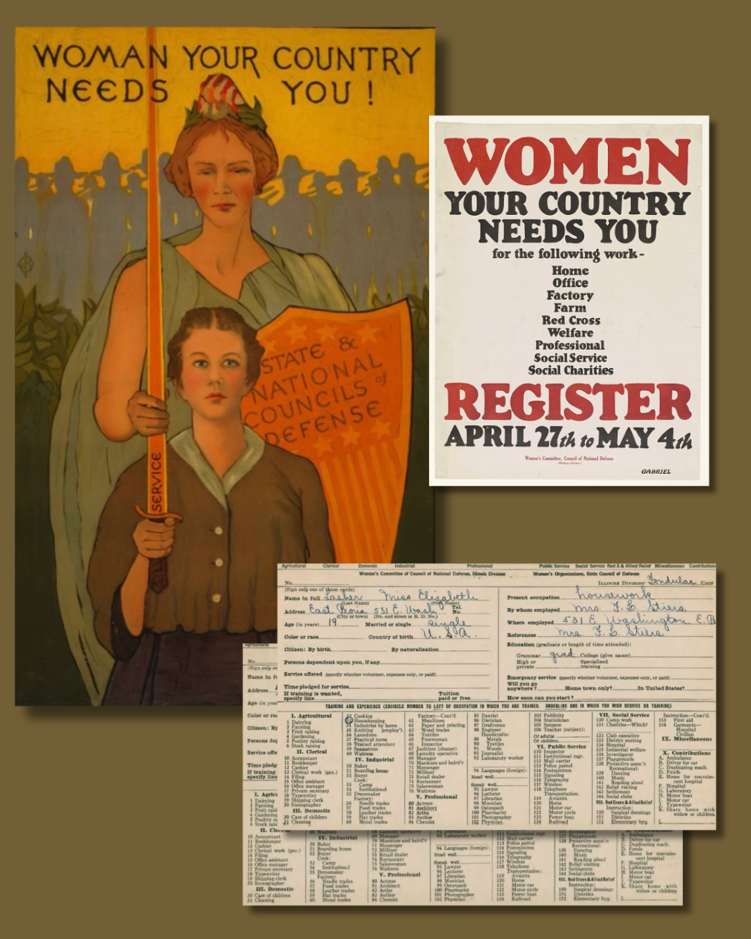 ww1 woman posters requesting assistance with the war effort and pictures of defense committee registration cards