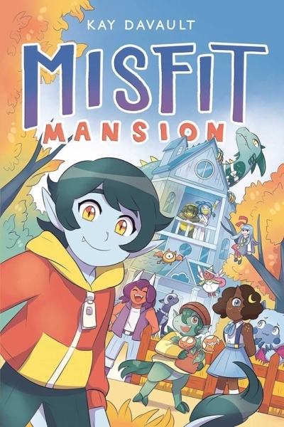 Misfit Mansion book cover - blue child with house in background