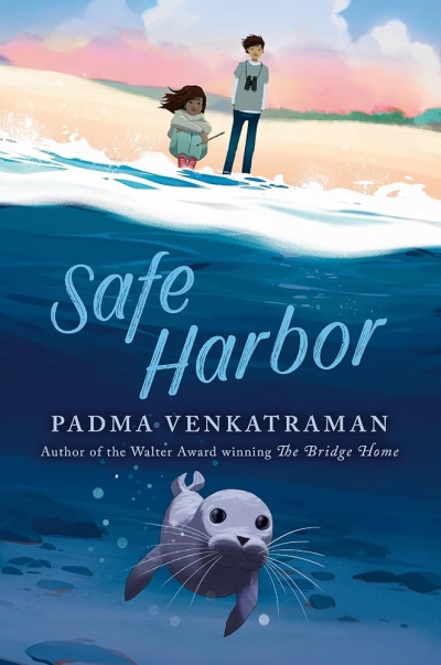 illustrated book cover featuring two children standing on the seashore as a seal swims away
