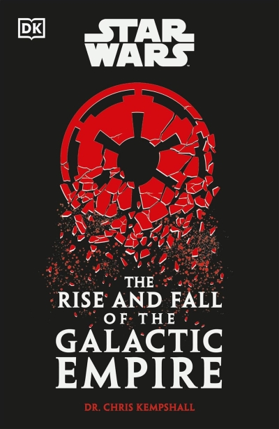 A red imperial symbol that is breaking into pieces against a black background
