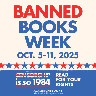 infographic for Banned Books Week featuring read and blue stars and an offwhite background