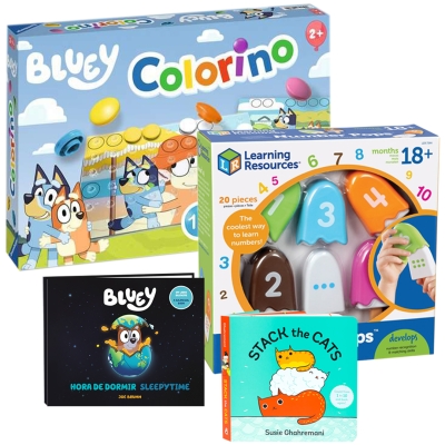 photo of games and books featuring Bluey the dog and counting activities