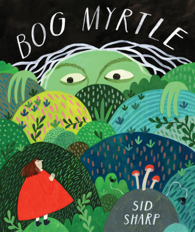 illustrated book cover blue and green hills child in red dress in the foreground eyes peering over the hills in background