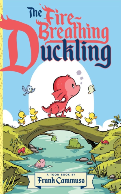 illustrated book cover featuring a cute pink baby dragon crossing a stream with little yellow ducklings