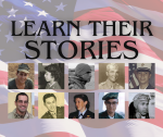 Learn their Stories Veterans promotion with 10 images of veterans and an American flag