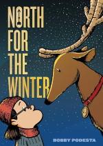 illustrated book cover child in winter clothing looking up at a reindeer