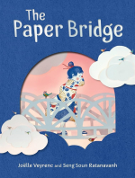 blue book cover with cut paper illustration of a young girl in traditional Japanese clothing crossing a bridge against a pink sky
