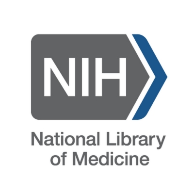 NIH National Library of Medicine logo, gray and blue arrow