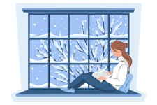 illustration of a young woman wearing a white sweater and blue pants reading next to a window with snowy winter trees outside