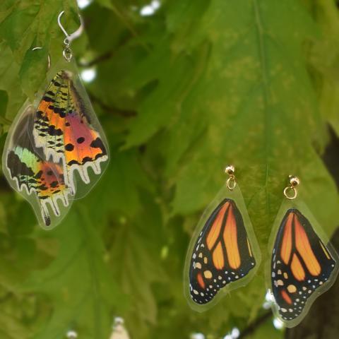 Butterfly wing earrings hanging from leaves
