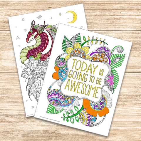 photo of zentangle coloring pages featuring a dragon and flowers