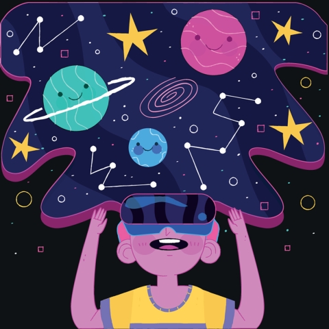 illustration of a child looking at the night sky through virtual reality glasses