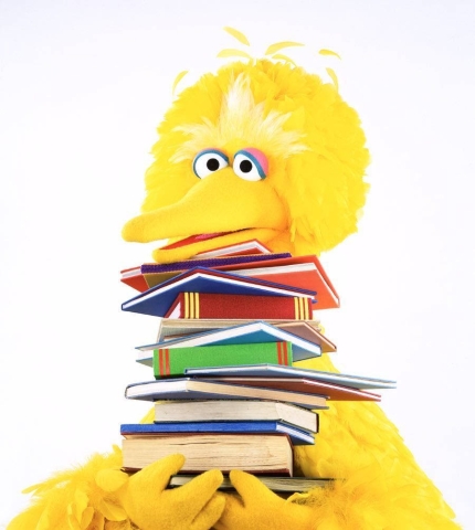 Big Bird from Sesame Street holding a stack of colorful books