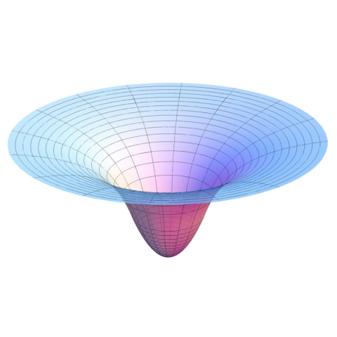 scientific illustration of a pink and blue gravity well