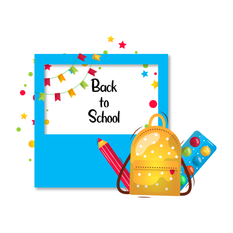 blue frame with colorful party decorations over it and a yellow backpack in the bottom corner