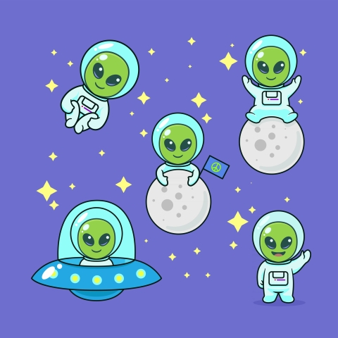 illustration of cute green aliens in space suits hovering over a purple background