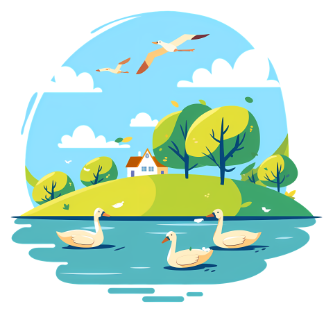 illustration of white geese and other water birds swimming in a lake and flying above
