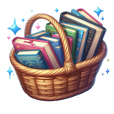 watercolor illustration of a picnic basket filled with books