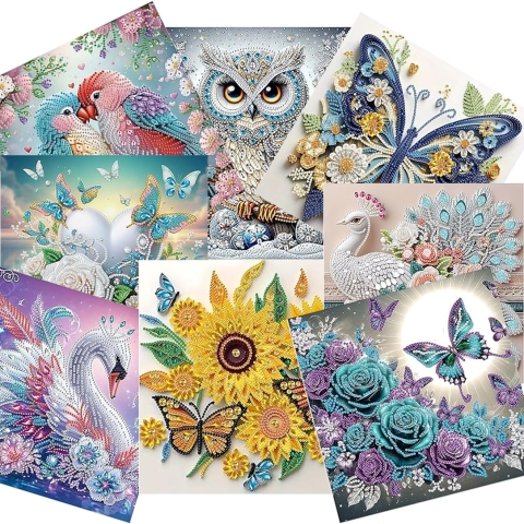 collage of 8 diamond art canvases depicted birds and butterflies
