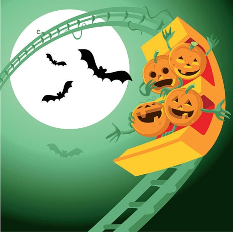 illustration of jack o' lanterns riding a roller coaster against a green background with bats and a full moon