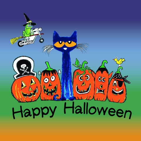 illustration of Pete the Cat with jack o' lanterns