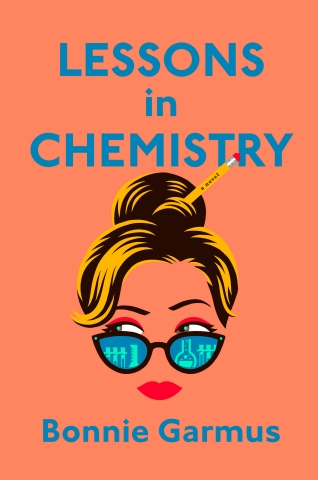 book cover for LEssons in Chemistry coral colored background with blue text illustration of a woman's face