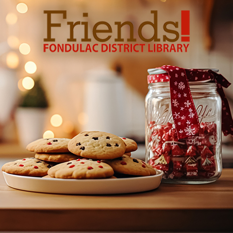 photo of cookies on a plate next to a jar of red candy with Friends of Fondulac Library logo