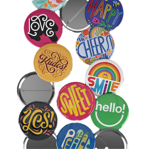 a variety of colorful pin-back buttons