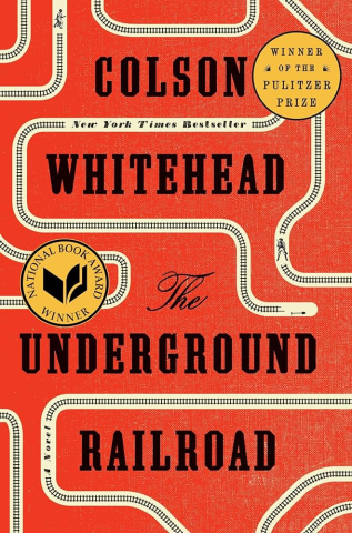 The Underground Railroad book cover red with white train tracks black text gold award medals