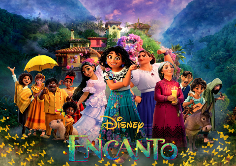 an image of twelve members of the Madrigal family, who feature in film "Encanto," standing in front of their house.  The title "Encanto" is across the bottom of the image.