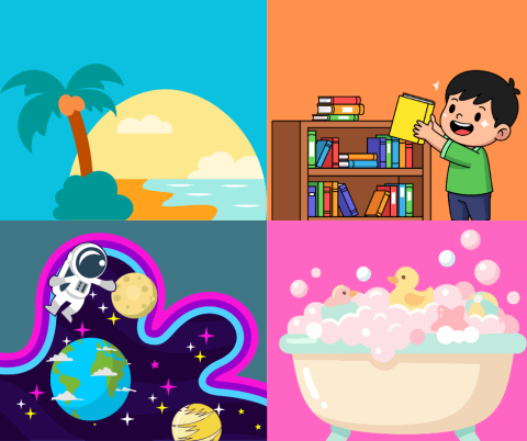 the beach, the library, outer space, and the bathtub!