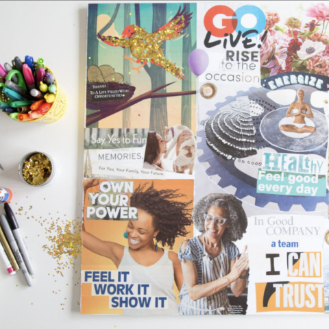 photograph of art supplies with collage materials inspirational quotes and images