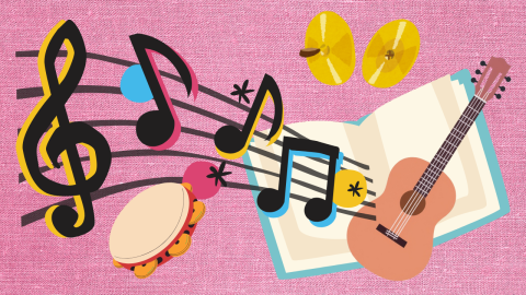 an illustration of a book and guitar with music notes, a tambourine, and a pair of cymbals