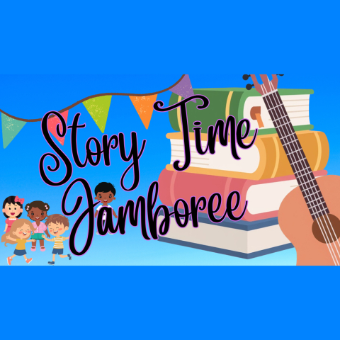 illustration of party banner children dancing beside a stack of books and guitar on blue background