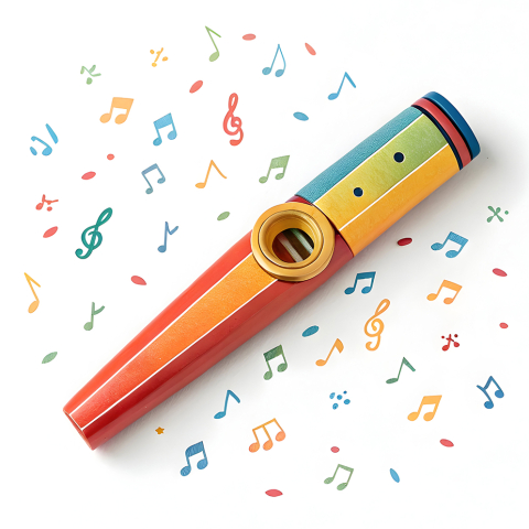 illustration of a rainbow-colored kazoo with multi-colored musical notes in the background