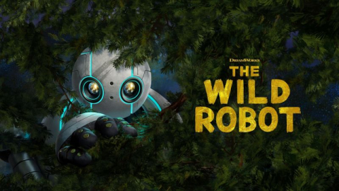 image of a robot with a round head and round eyes peering through foliage, next to the title "The Wild Robot"