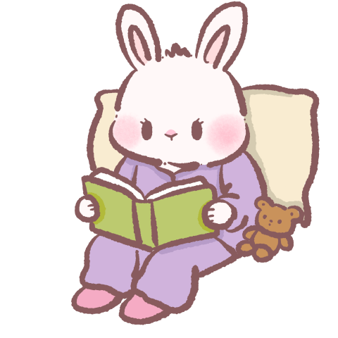illustration of a white bunny wearing purple pajamas reading a green book while leaning against a pillow with a teddy bear