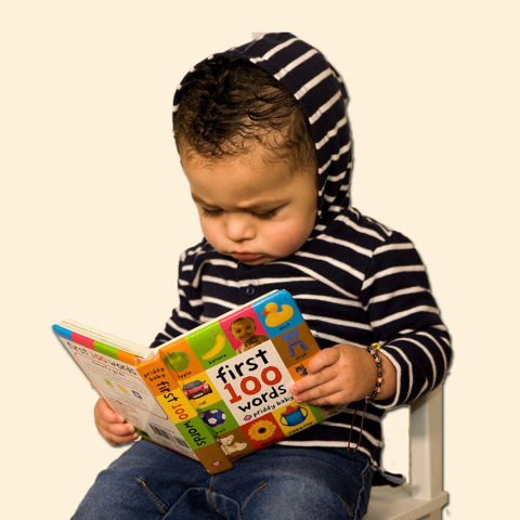 toddler wearing striped hooded shirt sitting in a chair reading a book of first words