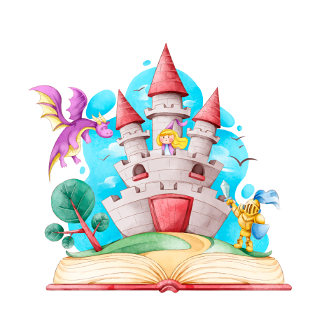 illustration of a book open with a castle, dragon, trees and a knight