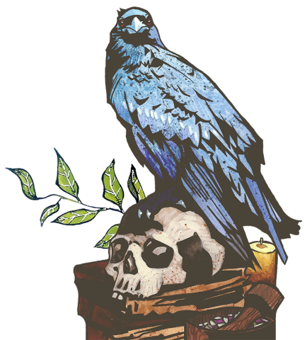 illustration of a raven standing on a human skull atop a wood log with leaves