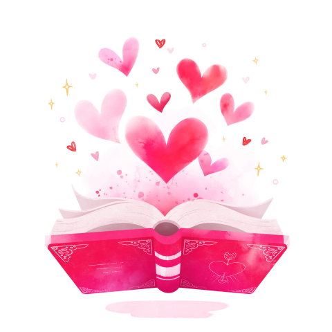 open book dark pink with pink hearts floating from the pages