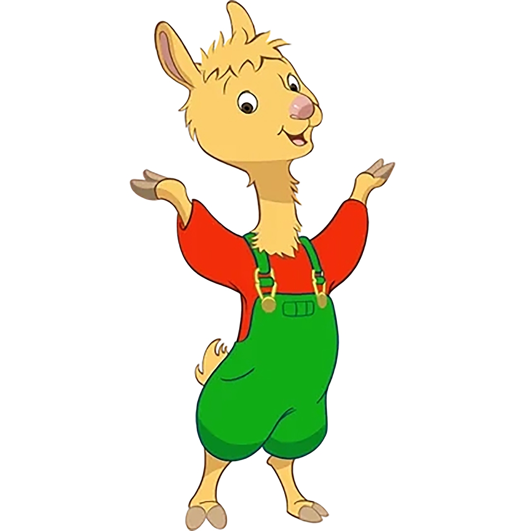 illustration of children's TV and book character Llama Llama wearing a red shirt and green overalls