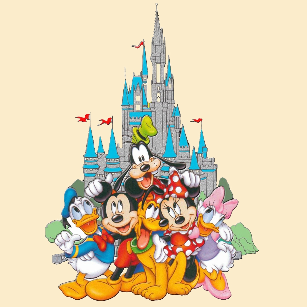 illustration of popular Disney characters in front of the Disney World castle
