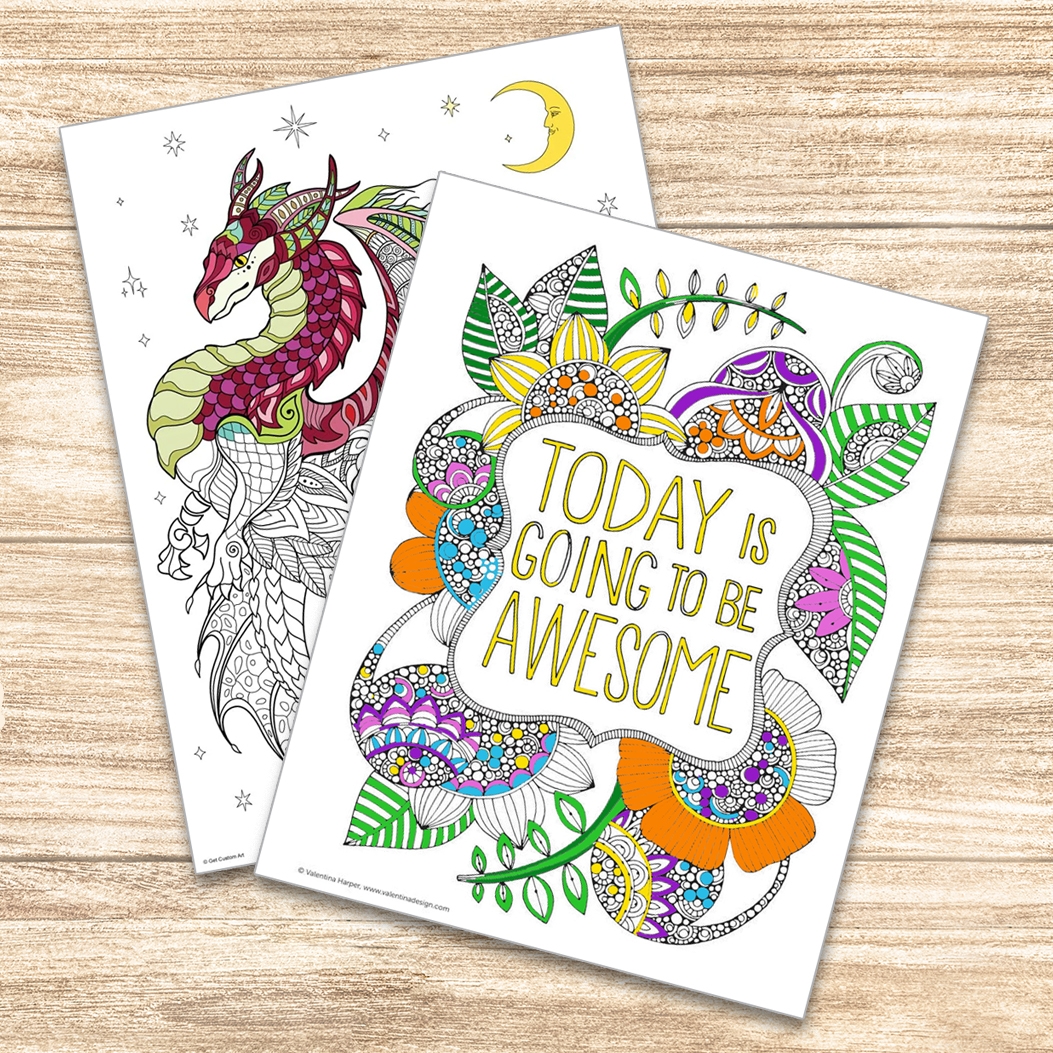 photo of zentangle coloring pages featuring a dragon and flowers