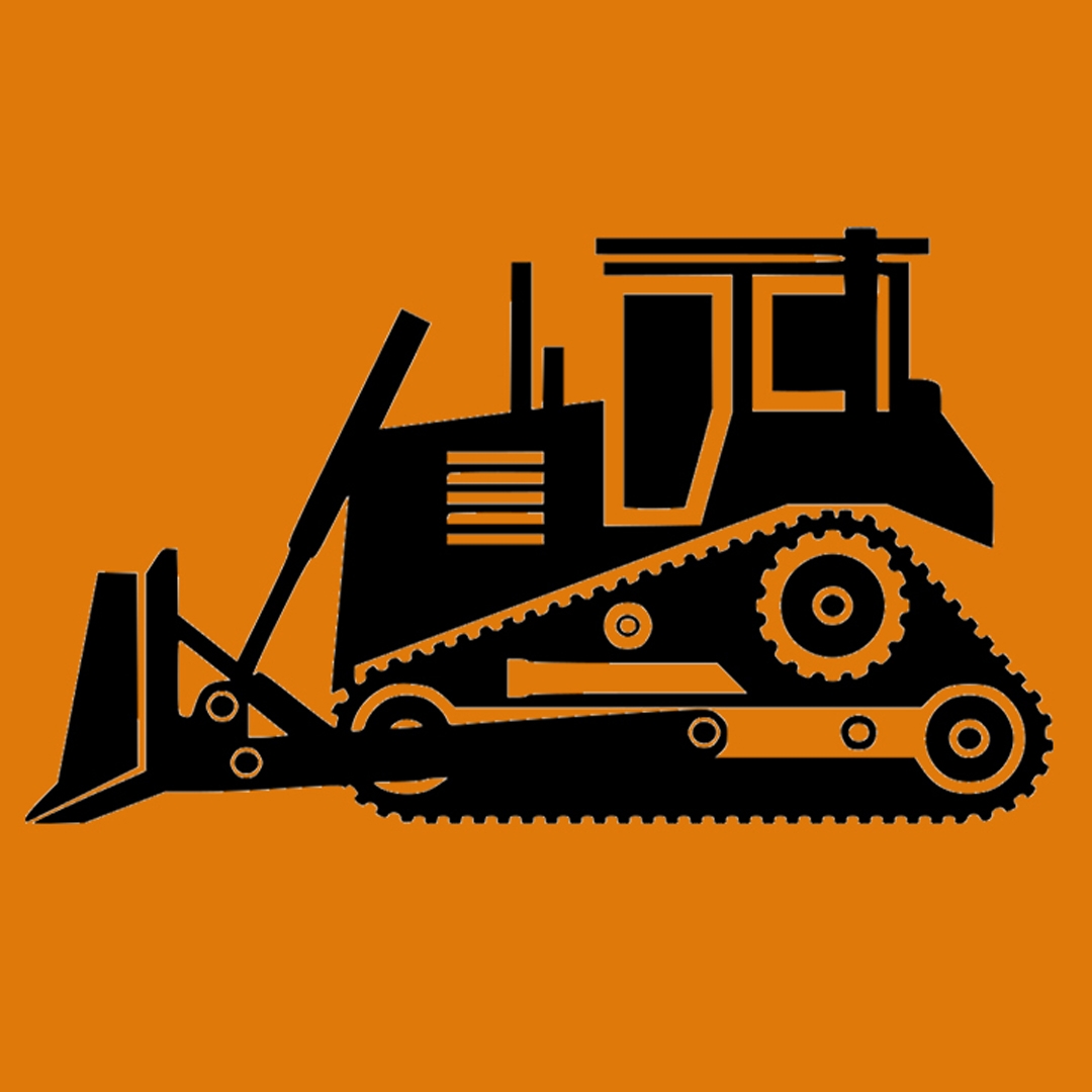black silhouette of a bulldozer against an orange background