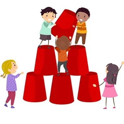 illustration of kids stacking giant red cups