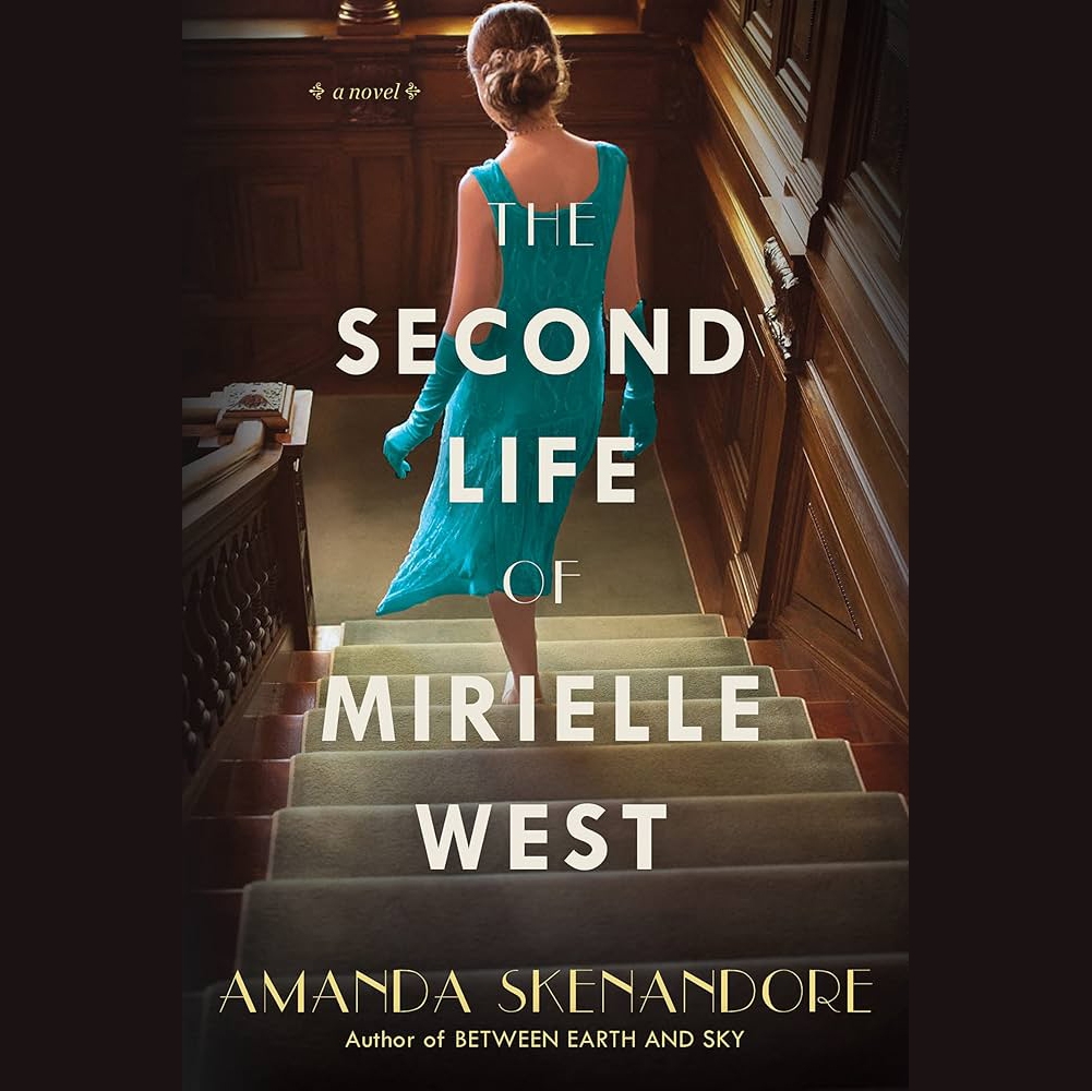 illustrated book cover showing a woman in a teal dress and gloves, descending a staircase