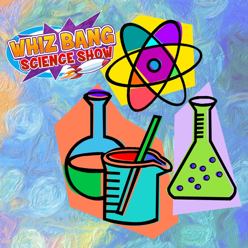 logo for Whiz Bang Science with illustration of colorful science materials
