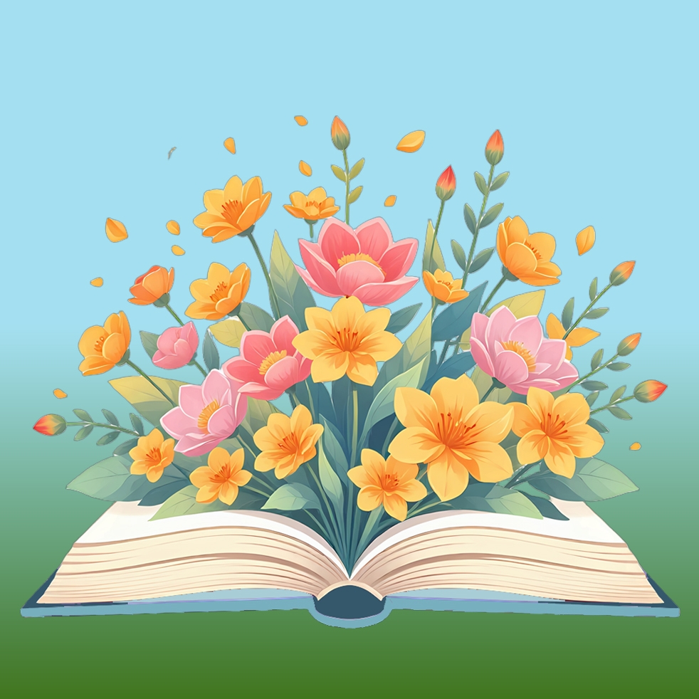 illustration of an open book with yellow and pink flowers bursting out of it