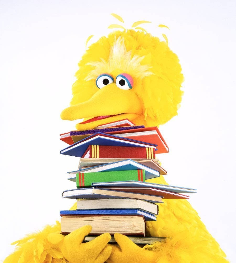 Big Bird from Sesame Street holding a stack of colorful books